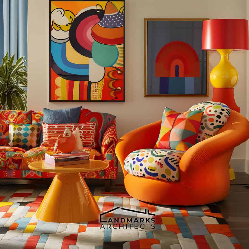 Vibrant decor inspired by 1980s pop culture. Photo generated by AI.