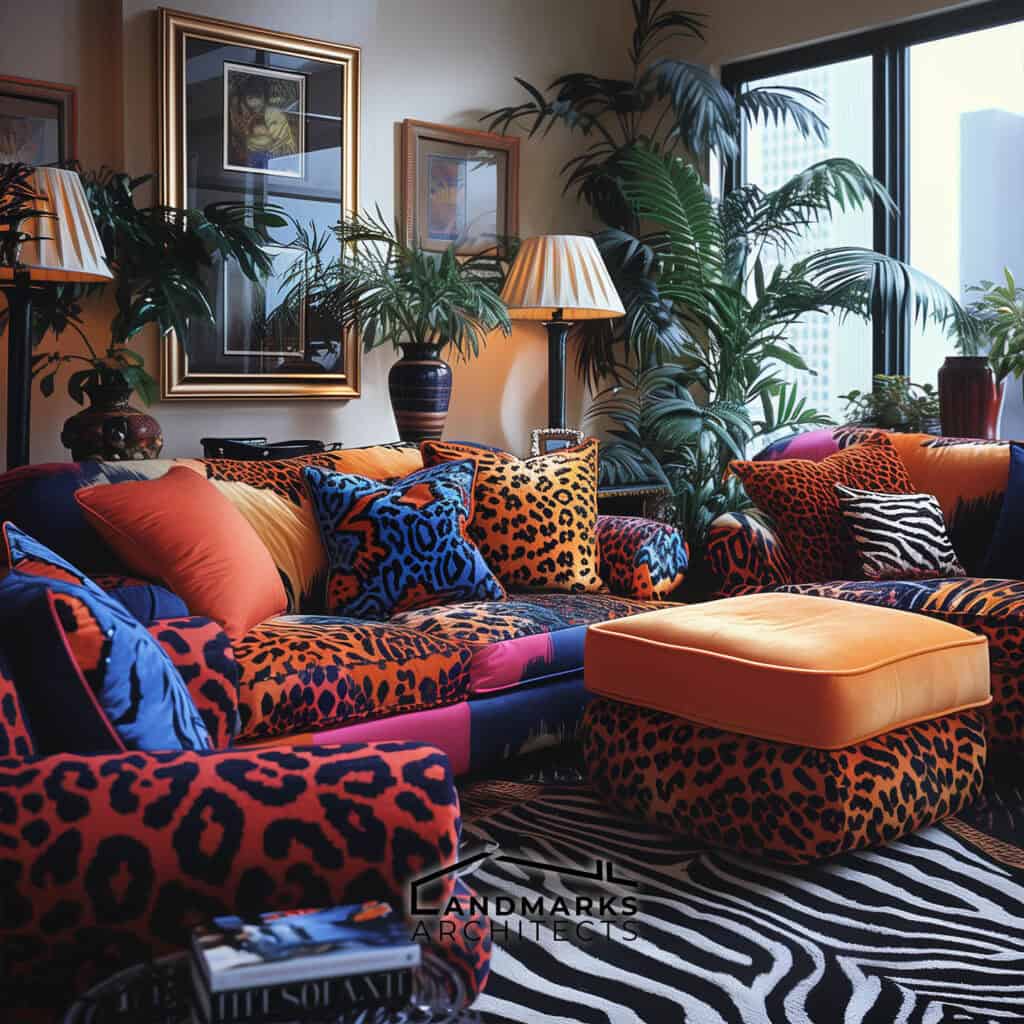 Vibrant animal prints in 1980s-inspired decor Photo generated by AI.