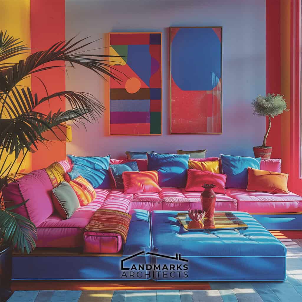 Bold 1980s interior with vibrant colors Photo generated by AI.