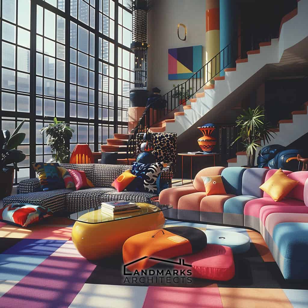 Lively 1980s living room with oversized sofas and geometric tables. Photo generated by AI.