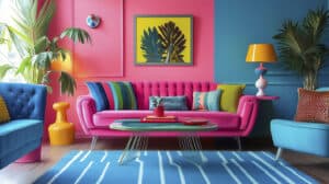 1980s-inspired interior design with vibrant colors, geometric shapes, and retro furniture. Photo generated by AI.