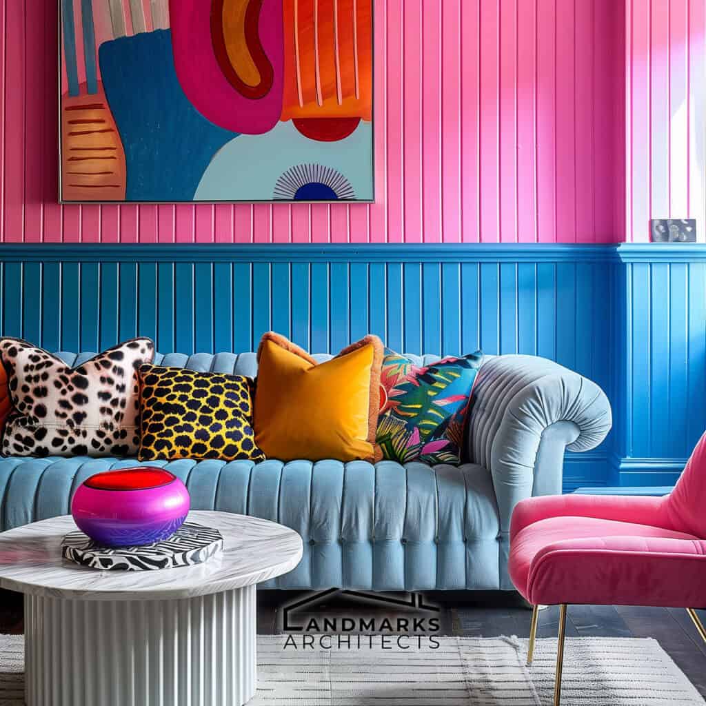 1980s living room with neon pink fluted surfaces, animal print cushions, and a marble console. Photo generated by AI.