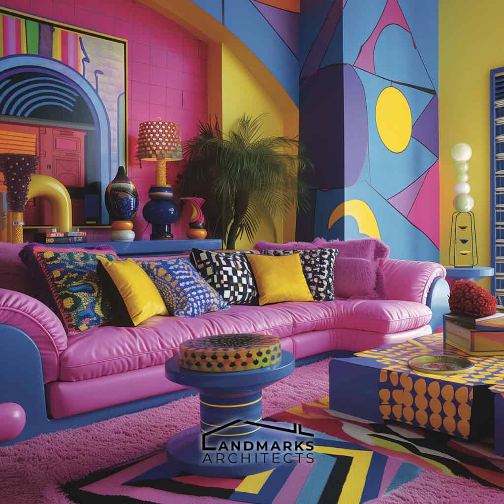 1980s-inspired living room with neon colors and geometric furniture. Photo generated by AI.