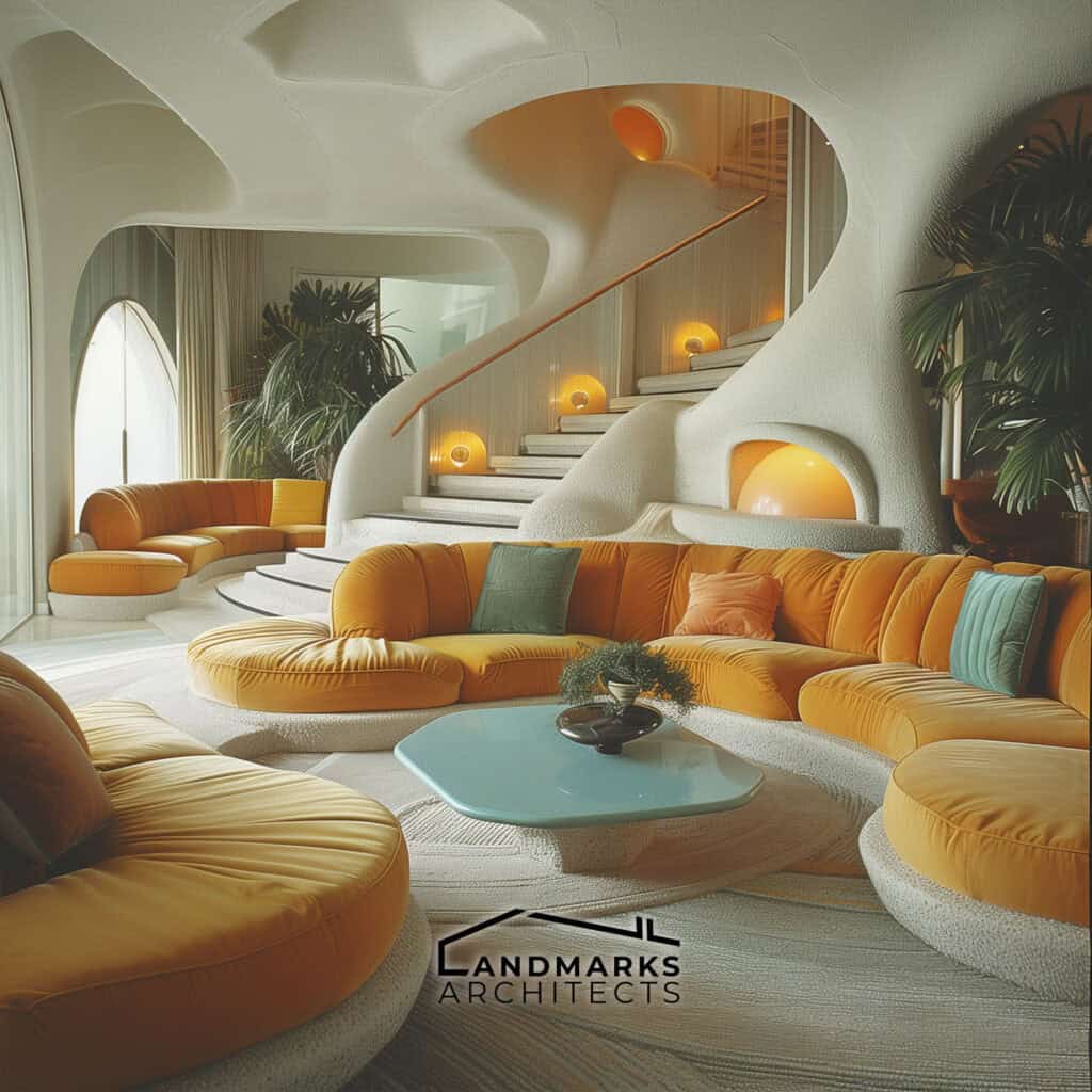 Curved furniture and soft lines in 1980s interiors Photo generated by AI.