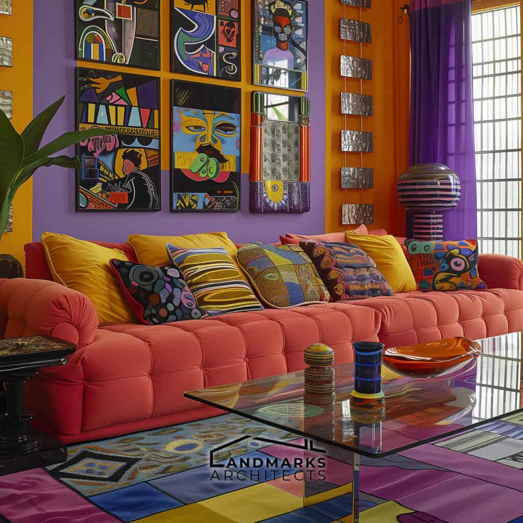 Vibrant 1980s interior showcasing oversized curtains, bold patterns, and colorful accessories. Photo generated by AI.