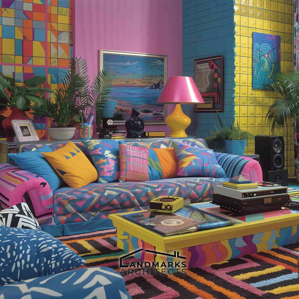 Vibrant 1980s interior featuring neon colors, oversized furniture, and geometric patterns. Photo generated by AI.