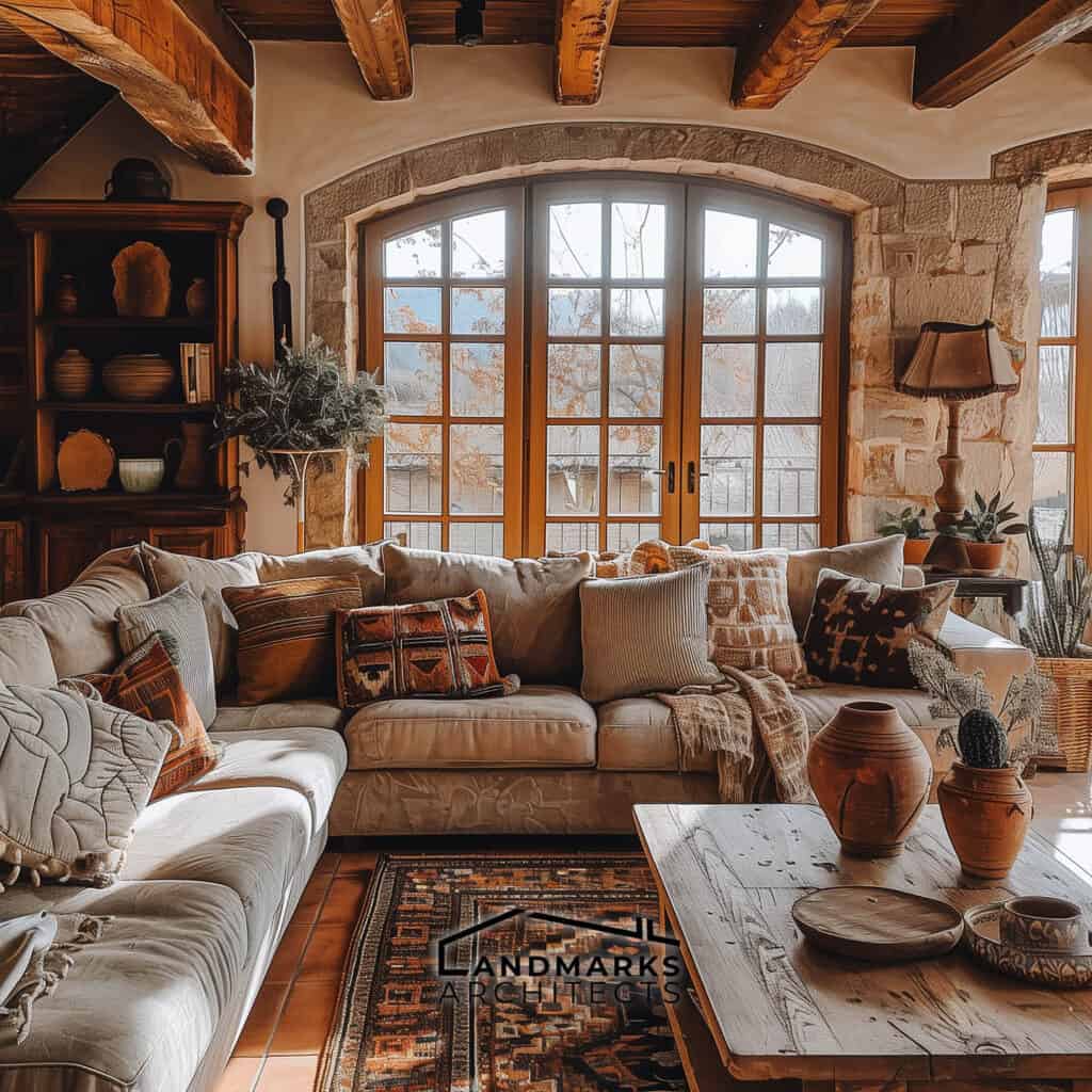 Cozy '90s living room with rustic and vibrant decor. Photo generated by AI.