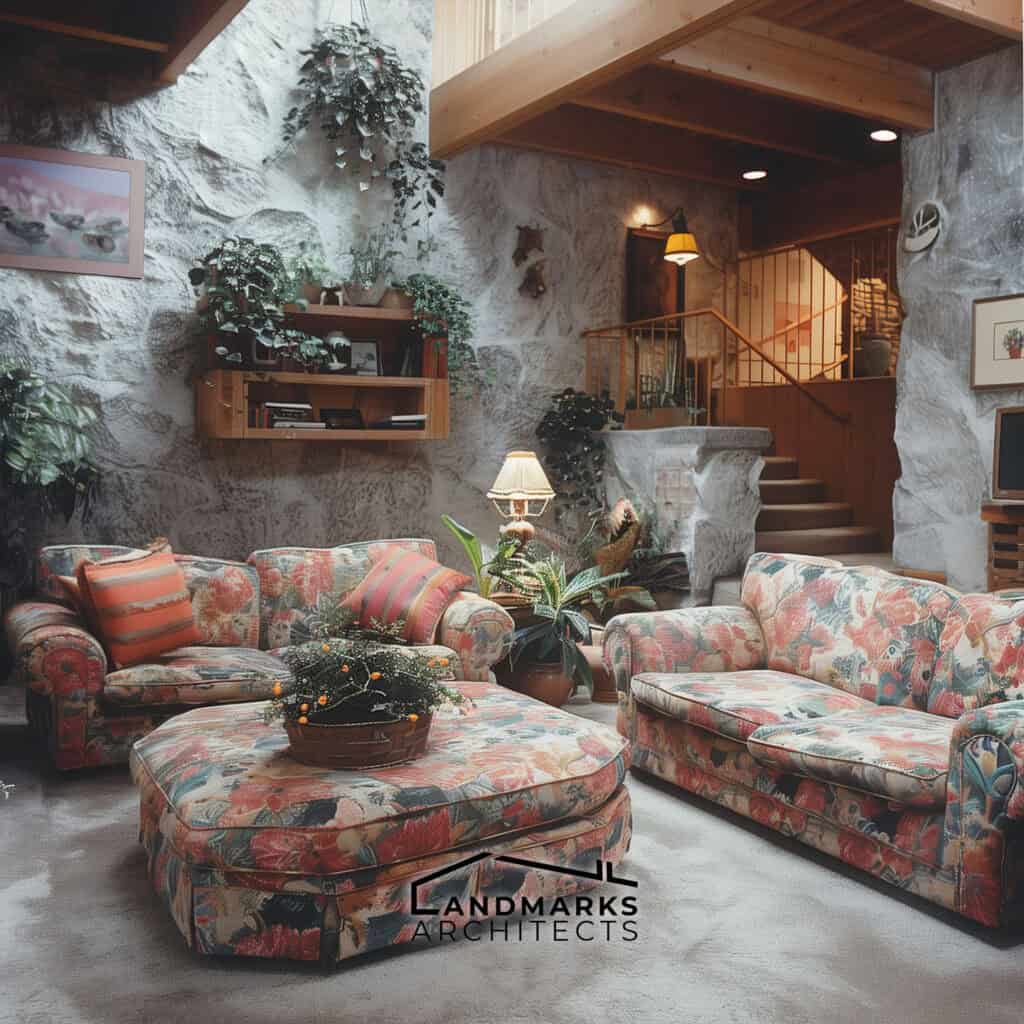 Charming 1990s interior featuring a stone wall and iconic furnishings. Photo generated by AI.