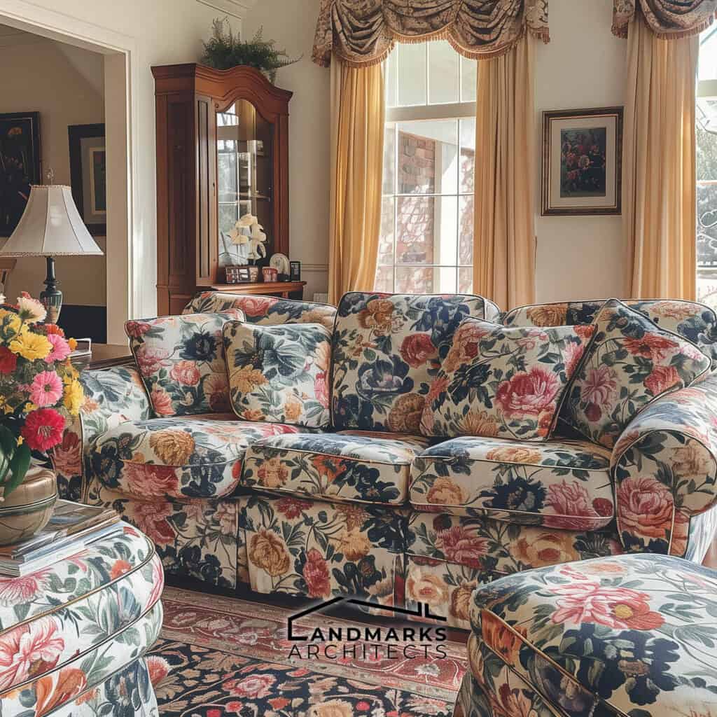 1990s-inspired living room featuring vibrant floral prints in upholstery and decor. Photo generated by AI.