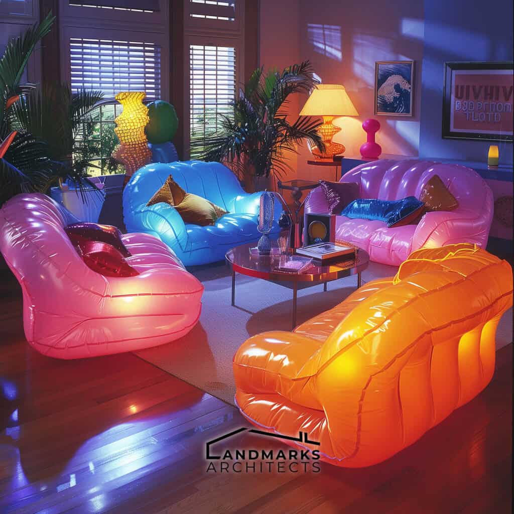 Fun 90s decor with vibrant inflatable furniture for a playful touch. Photo generated by AI.