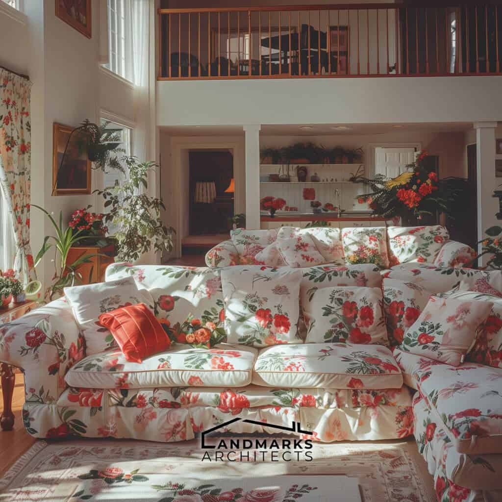 Cozy 1990s-inspired open-plan living space with vibrant floral prints. Photo generated by AI.