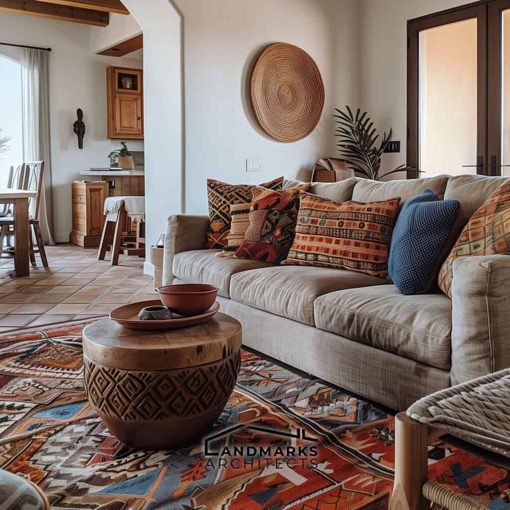 1990s living room with earthy tones, natural materials, and bold patterns. Photo generated by AI.