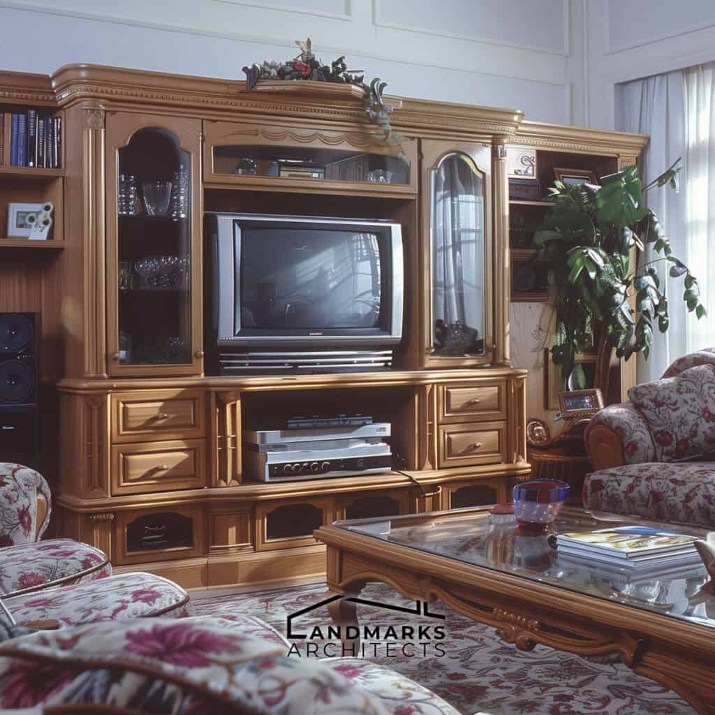 Nostalgic 1990s living room with a wooden entertainment center and vintage decor. Photo generated by AI.