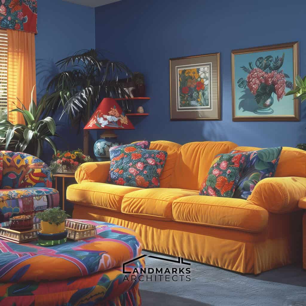 Bold 1990s living room with deep blue walls and cozy oversized furniture. Photo generated by AI.