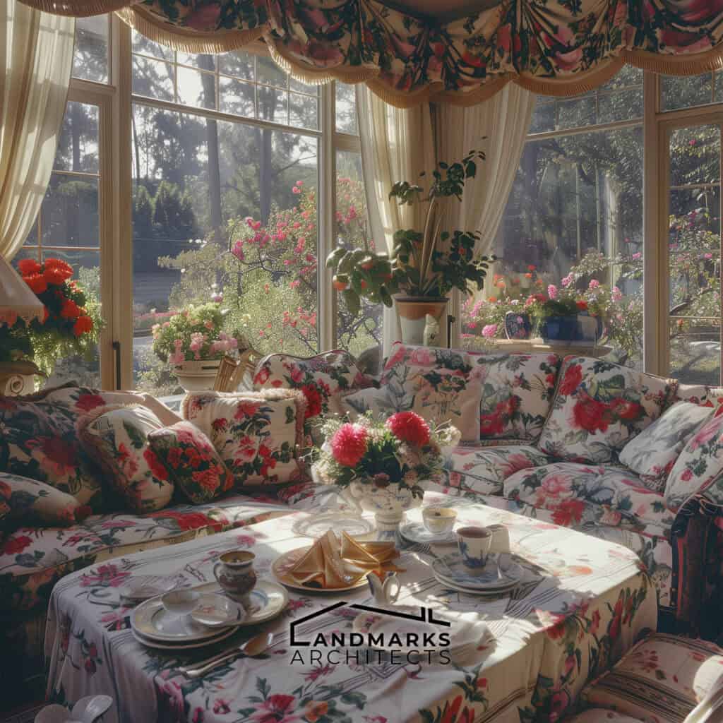 1990s-inspired dining room with vibrant floral prints, creating a cozy atmosphere. Photo generated by AI.