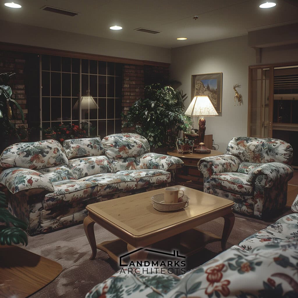 Cozy 1990s interior featuring track lighting and floral sofas. Photo generated by AI.