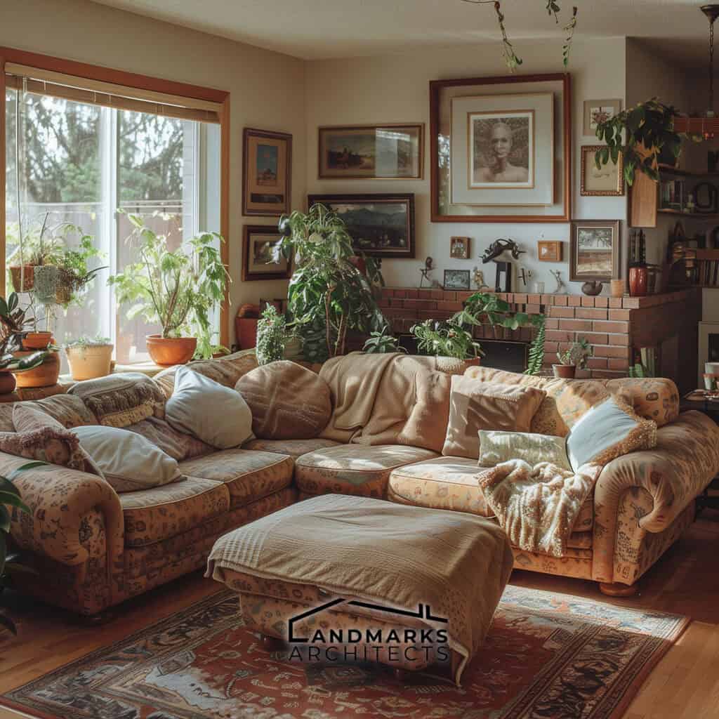 Cozy 1990s family room featuring warm tones and oversized furniture. Photo generated by AI.