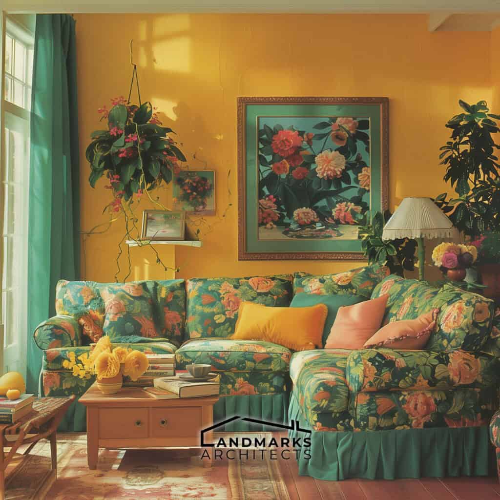 Lively 1990s living room with bold yellow walls and cozy dark green accents. Photo generated by AI.