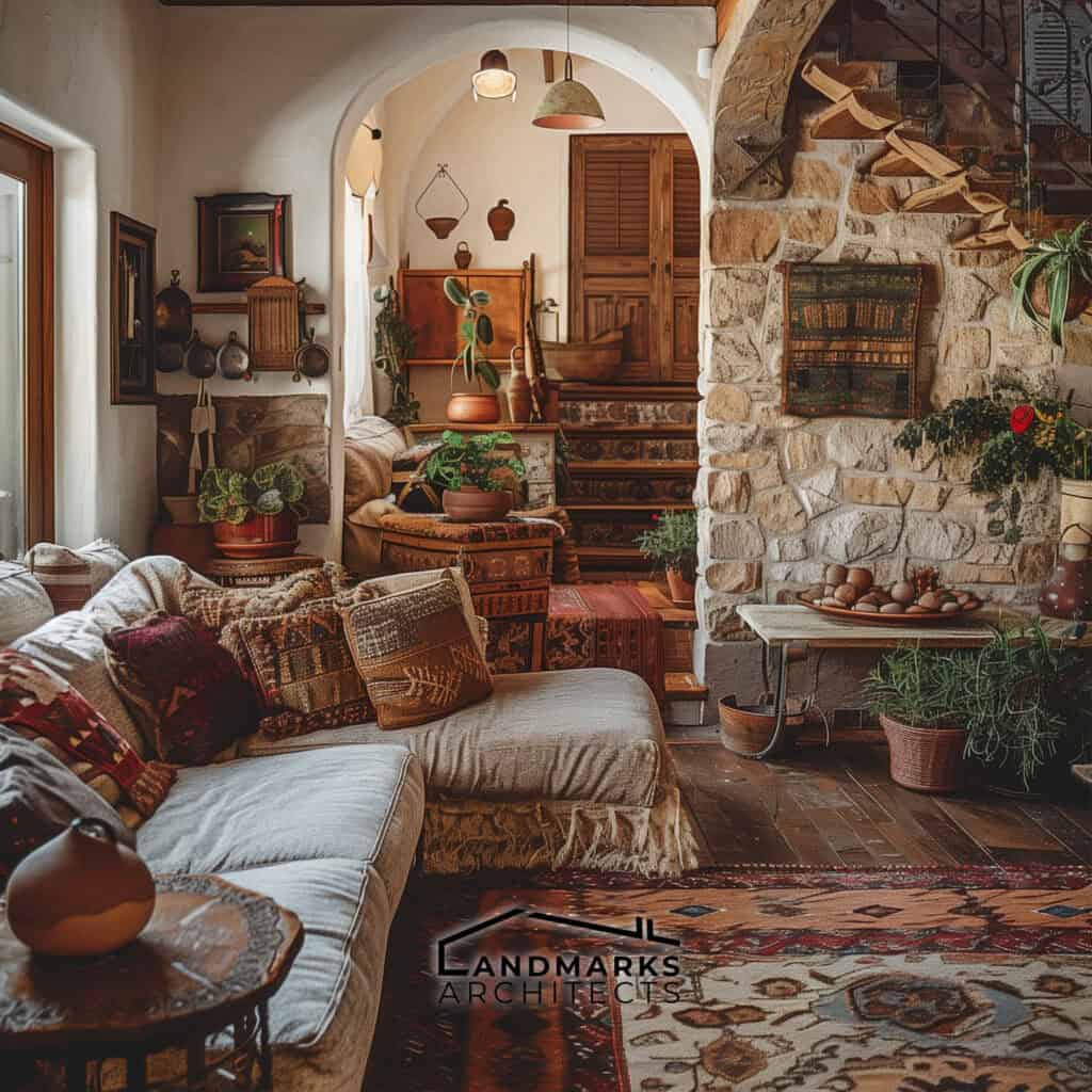 '90s living room blending rustic Tuscan charm with bold Southwestern patterns. Photo generated by AI.