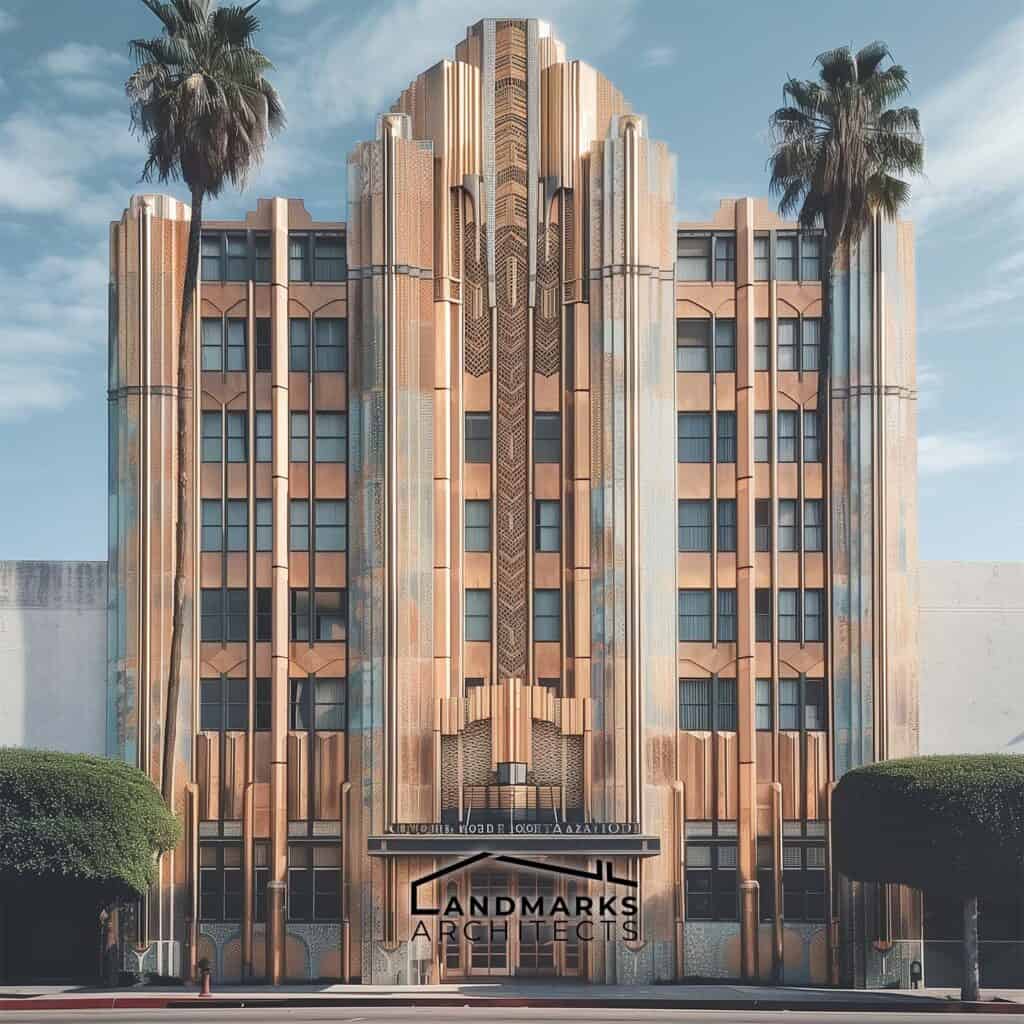 Art Deco building with bold geometric forms. Photo generated by AI.