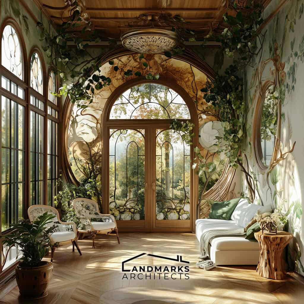 Nature-inspired Art Nouveau interior design. Photo generated by AI.