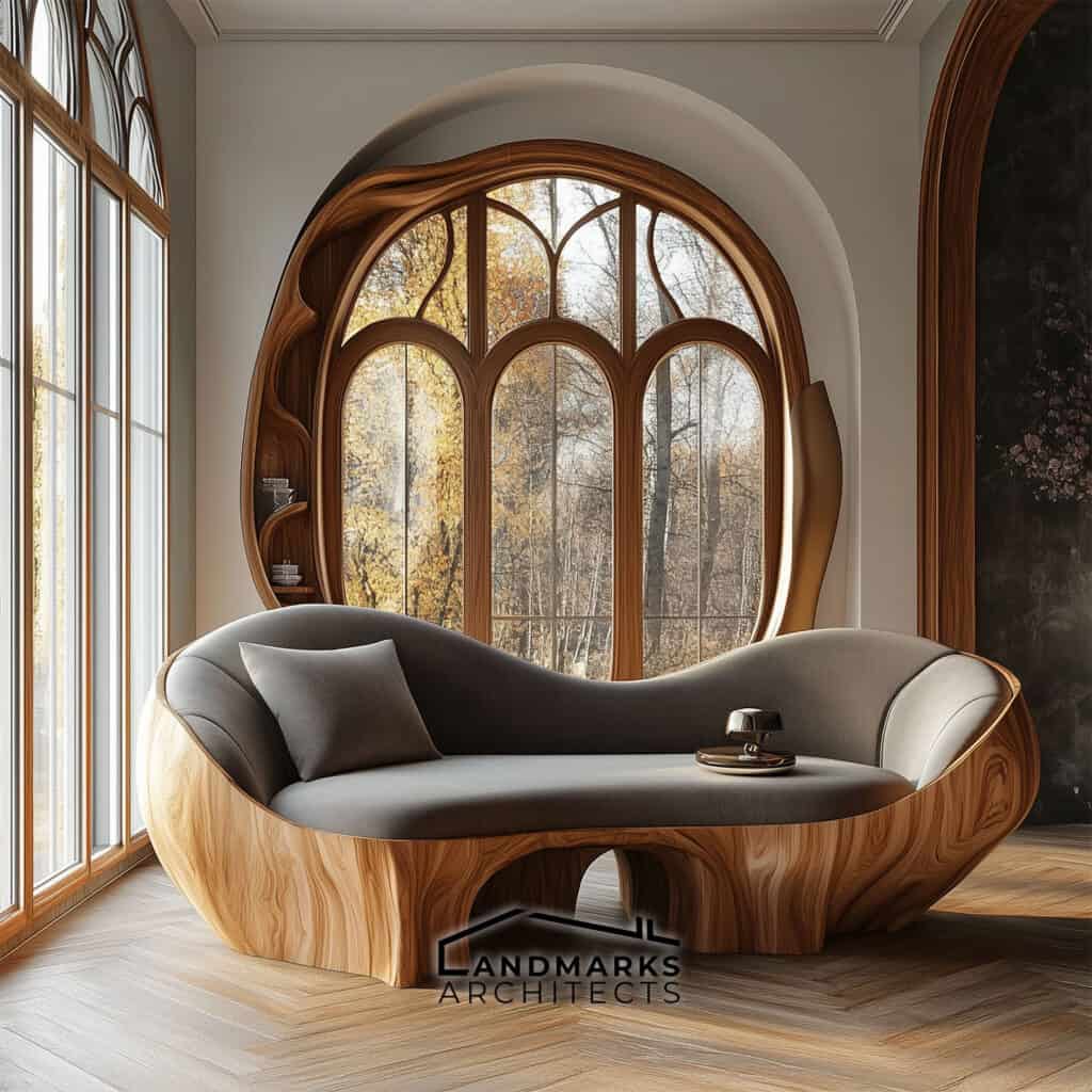 Art Nouveau interior with organic forms and flowing lines. Photo generated by AI.