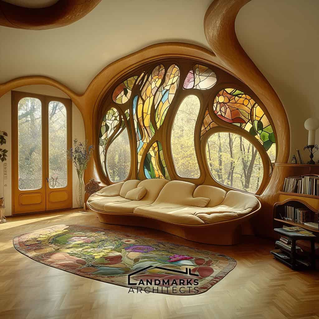 Art Nouveau stained glass with nature motifs. Photo generated by AI.