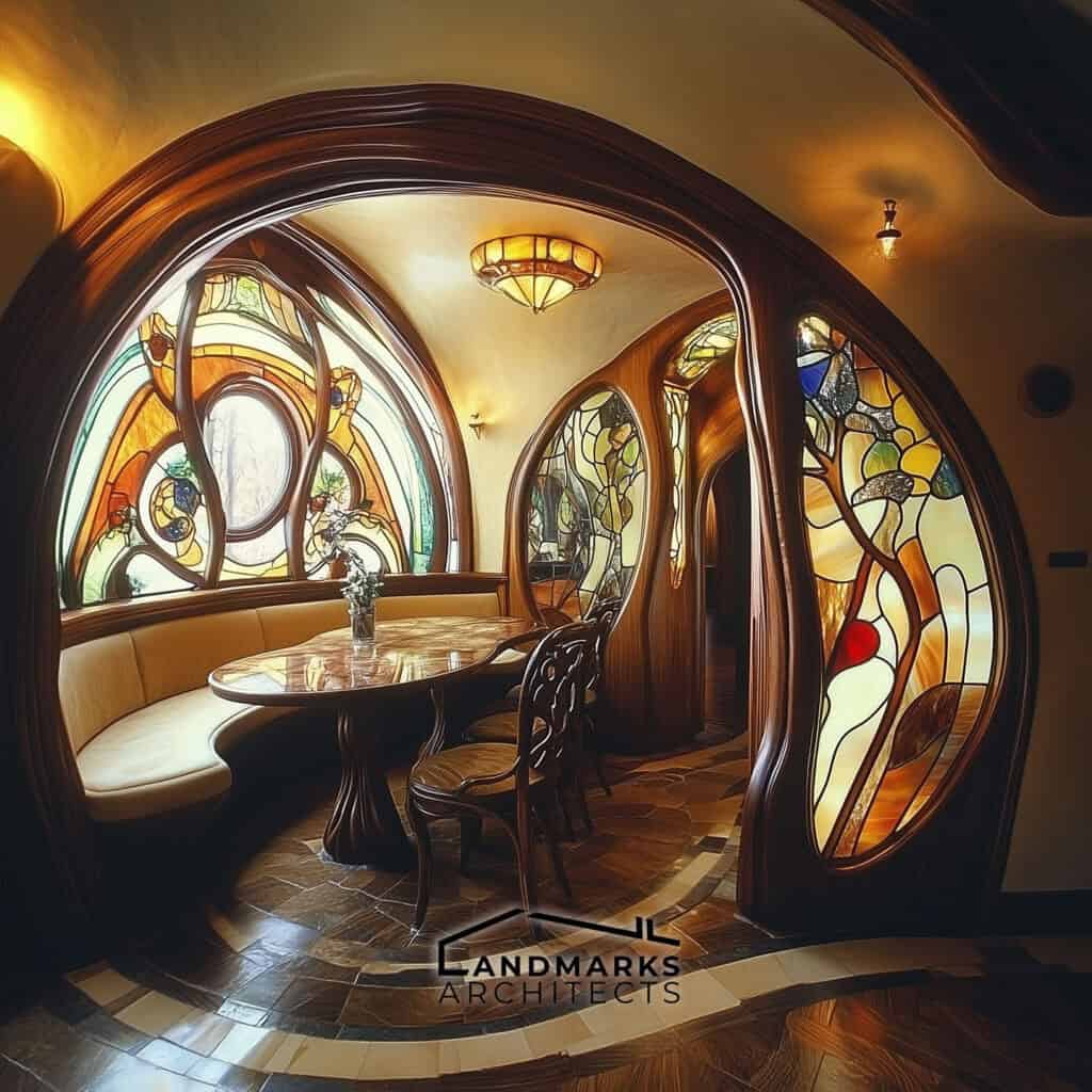 Art Nouveau interior with organic lines and stained glass. Photo generated by AI.