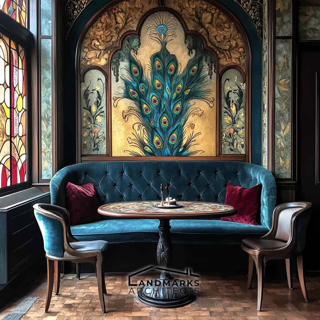 Vibrant color palette in Art Nouveau interior. Photo generated by AI.