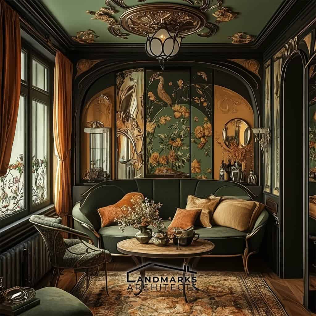 Art Nouveau interior with deep green and warm earth tones. Photo generated by AI.