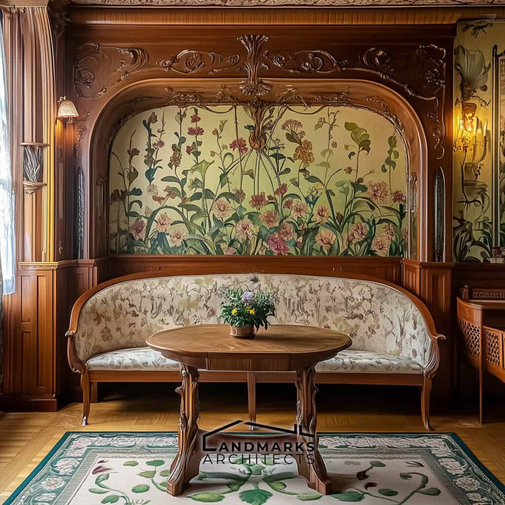 Interior showcasing Art Nouveau floral motifs. Photo generated by AI.