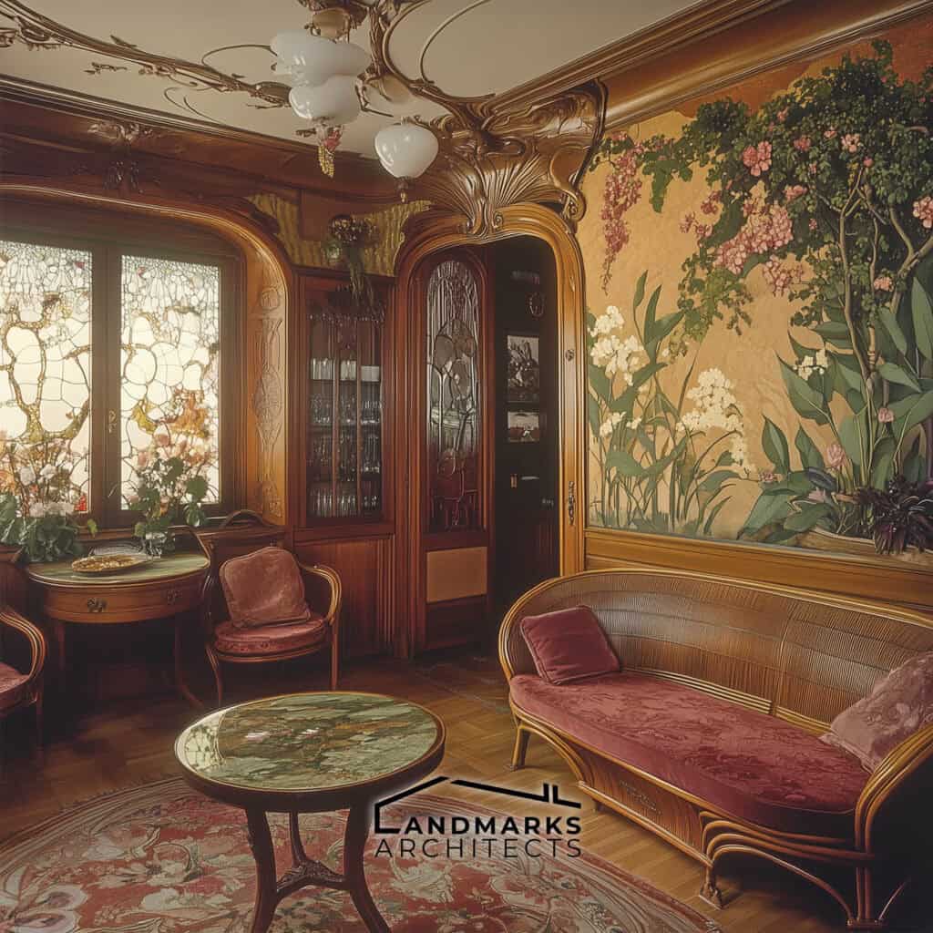 Art Nouveau interior with nature-inspired motifs. Photo generated by AI.