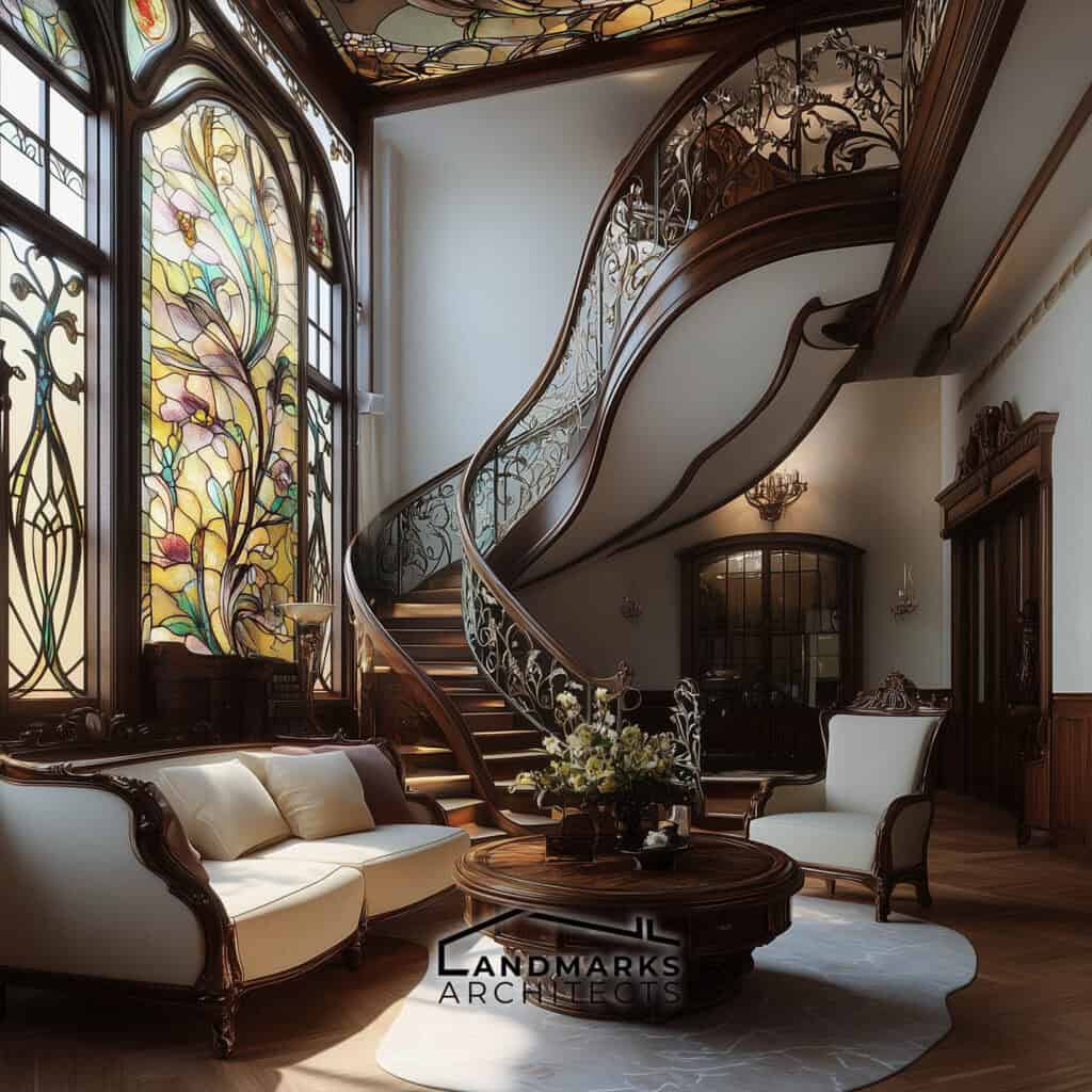 Art Nouveau living room with elegant staircase and soft colors Photo generated by AI.