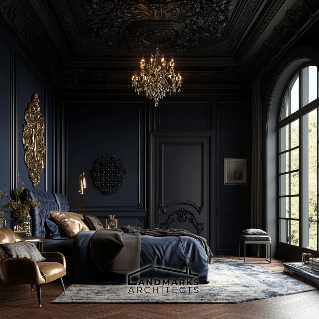 Modern Gothic Design with Midnight Blue and Gold Accents. Photo generated by AI