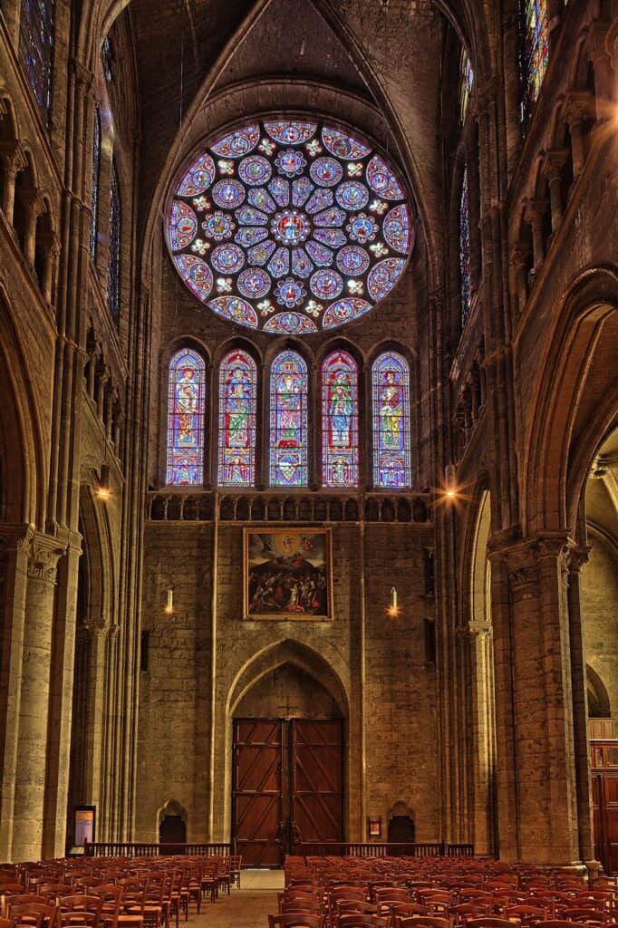 Stained glass windows inside Chartres Cathedral, France.