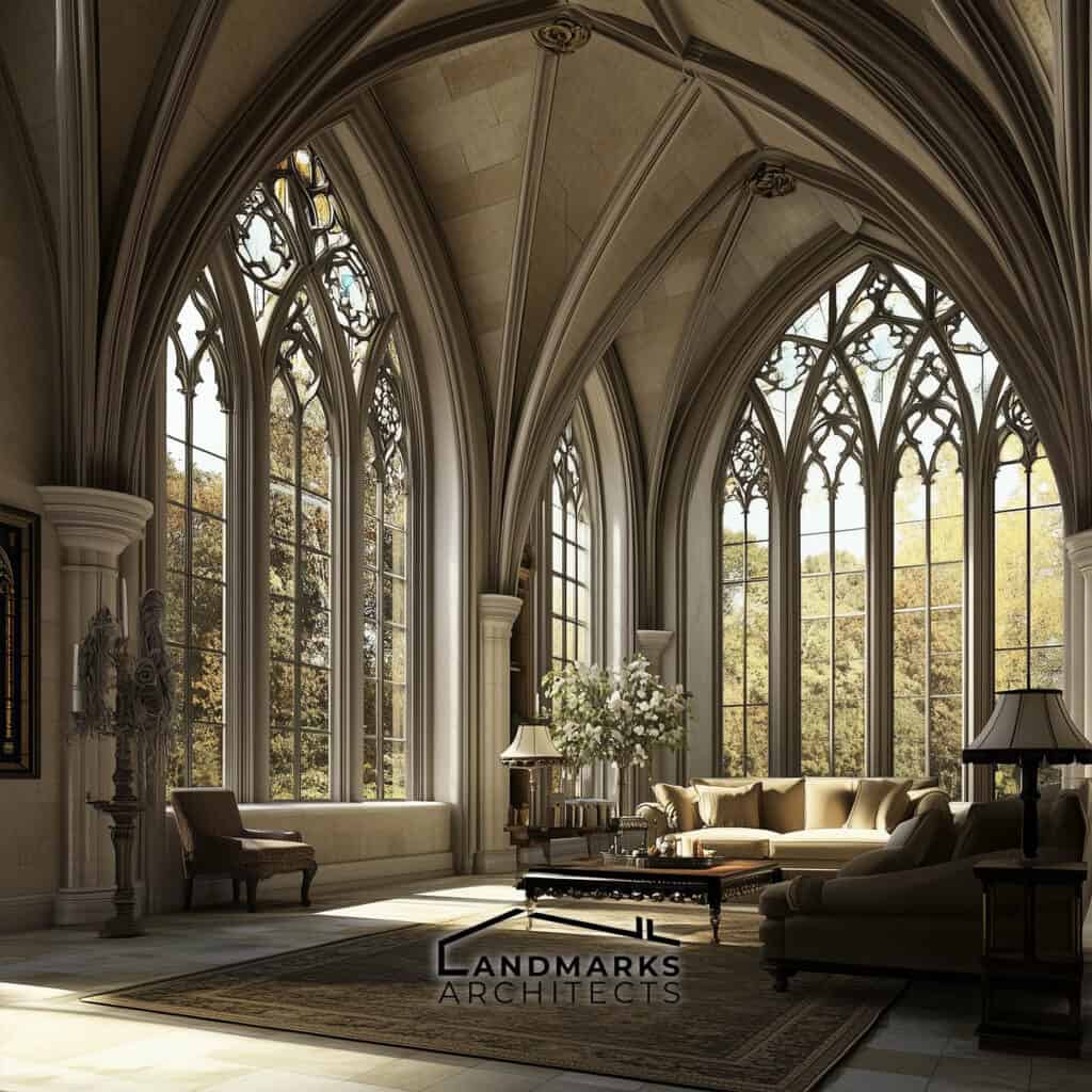 Modern Gothic Interior with Classic Architectural Features. Photo generated by AI