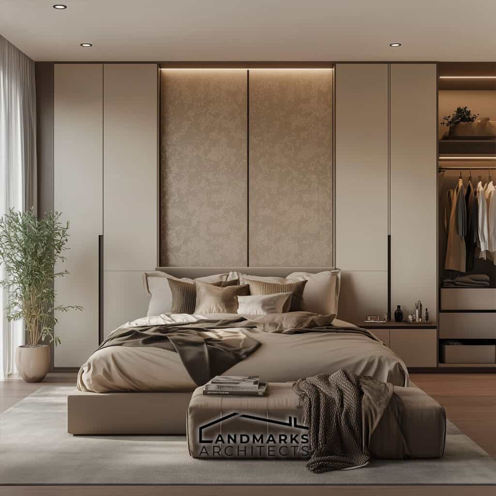 AI-generated luxury bedroom with smart storage solutions.