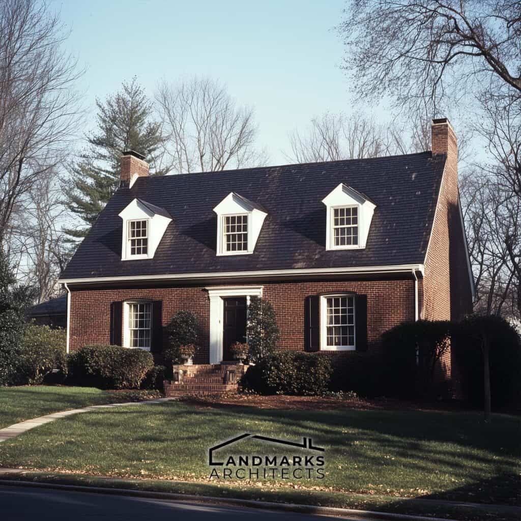 Garrison house with steep gable roof. Photo generated by AI.