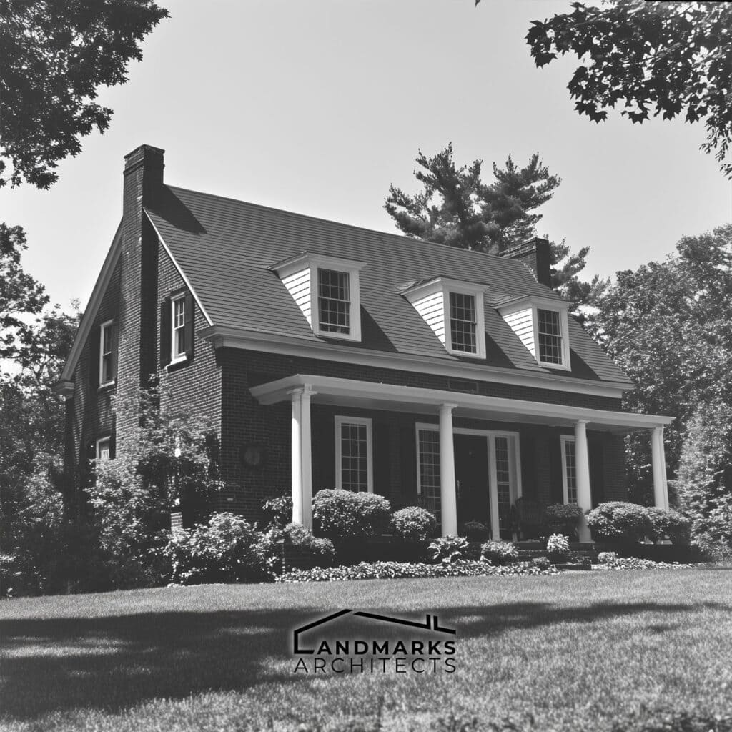 Garrison-style home with distinctive gable roof. Photo generated by AI.