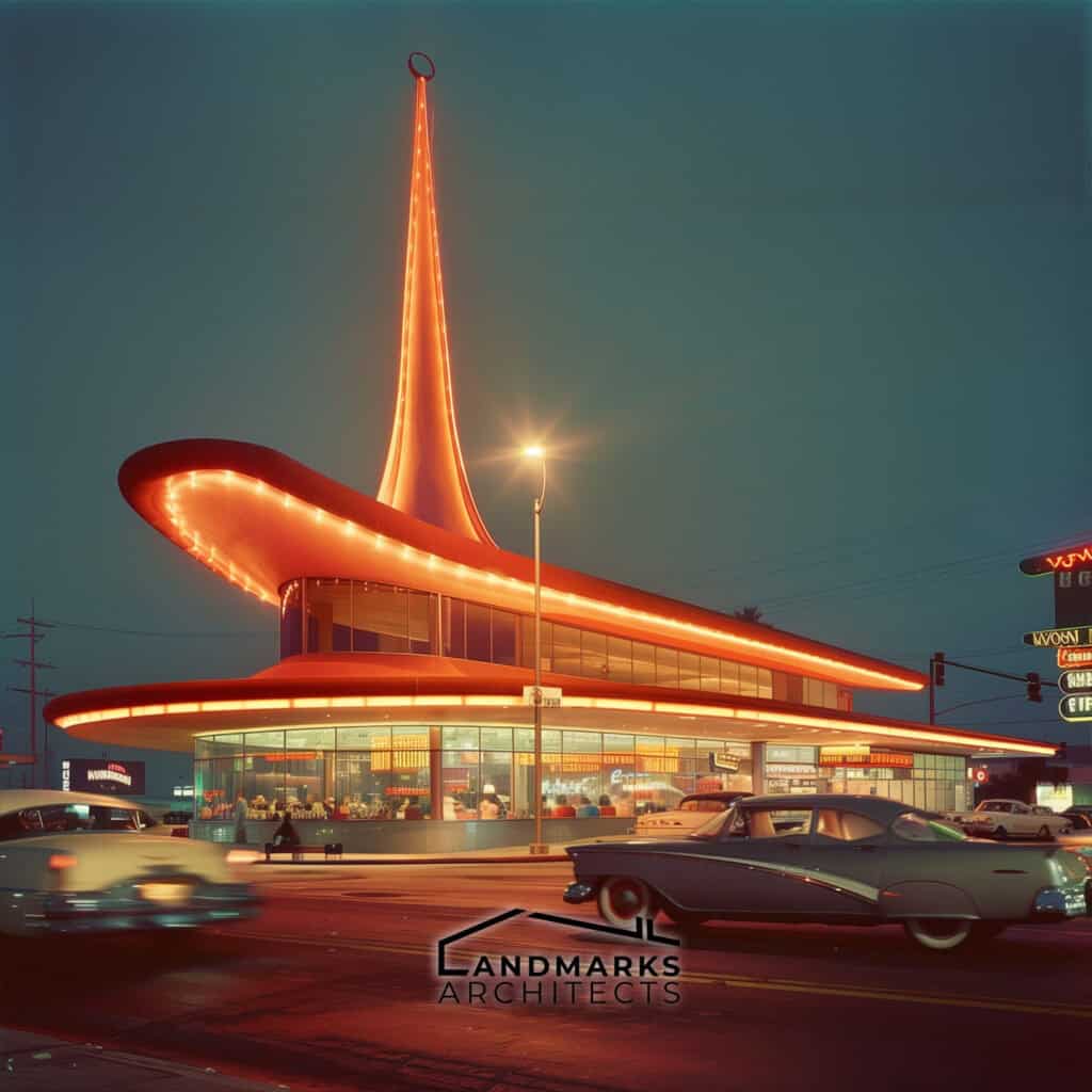 Googie building with sharp angles and neon signage. Photo generated by AI.