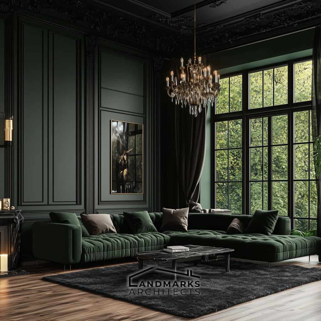 Modern Gothic Design with Deep Green and Black Walls. Photo generated by AI