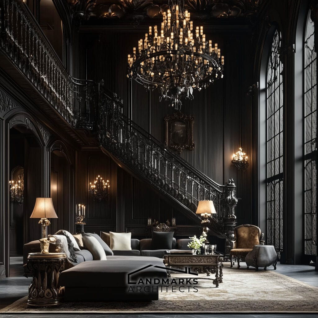 Modern Gothic Wrought Iron: Chandeliers and Railings. Photo generated by AI