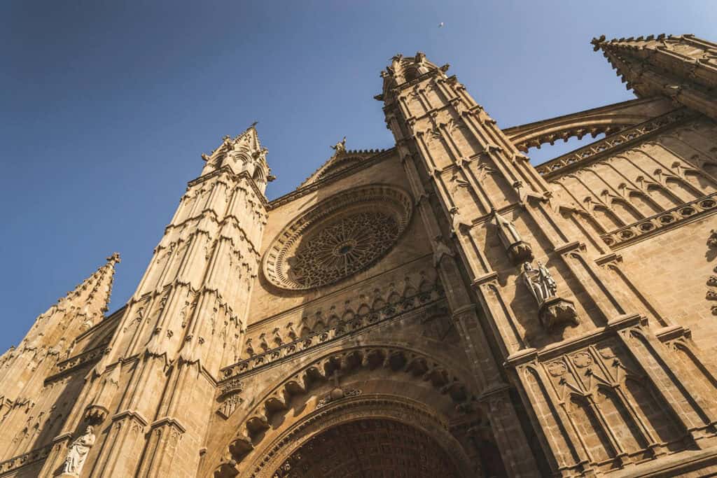 Low-angle view of Catedral-Basílica de Santa María de Mallorca in Palma, Spain.