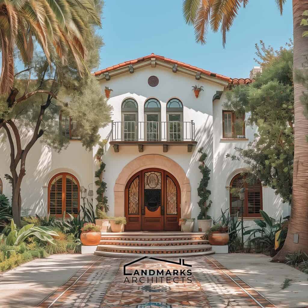 Mediterranean Revival home with stucco and red clay roof. Photo generated by AI.