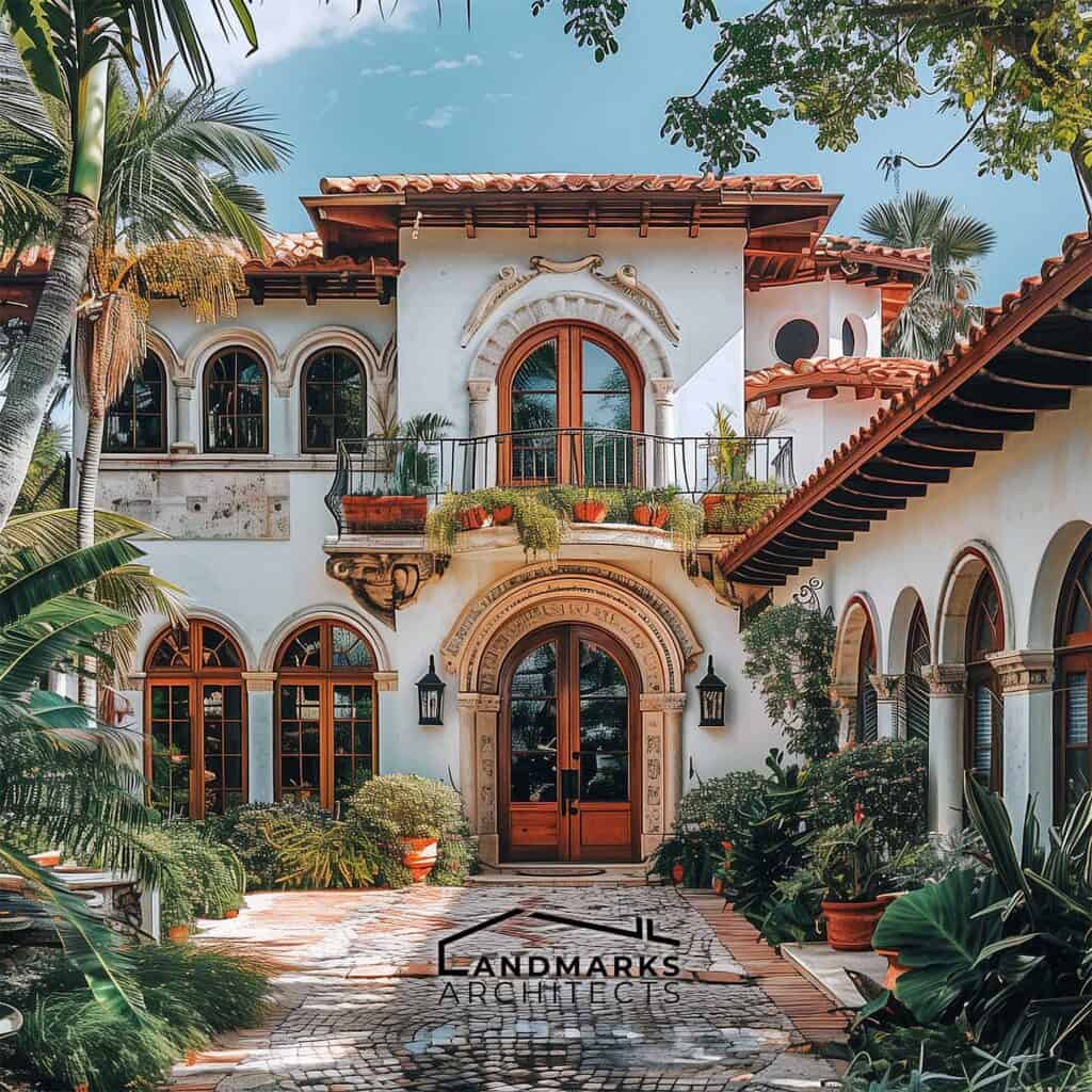 Mediterranean Revival architecture in Miami with terracotta roofs and arched windows Photo generated by AI.