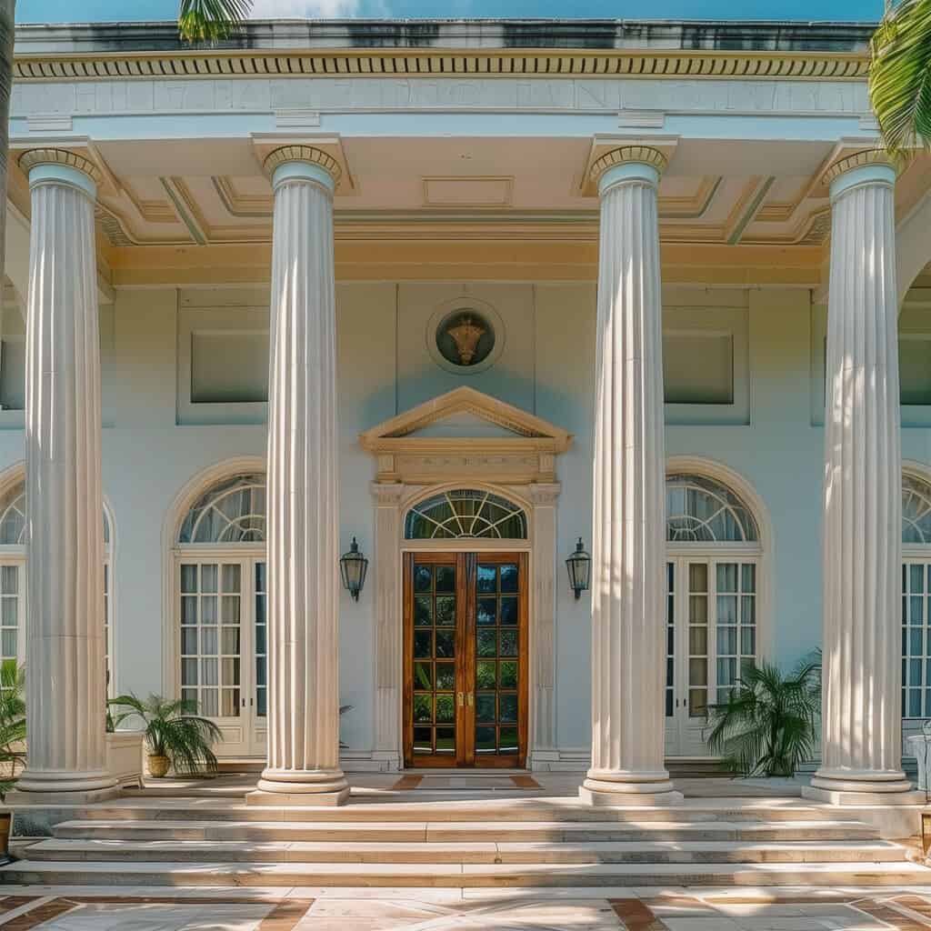 Neoclassical architecture in Miami showcases grandeur and symmetry Photo generated by AI.