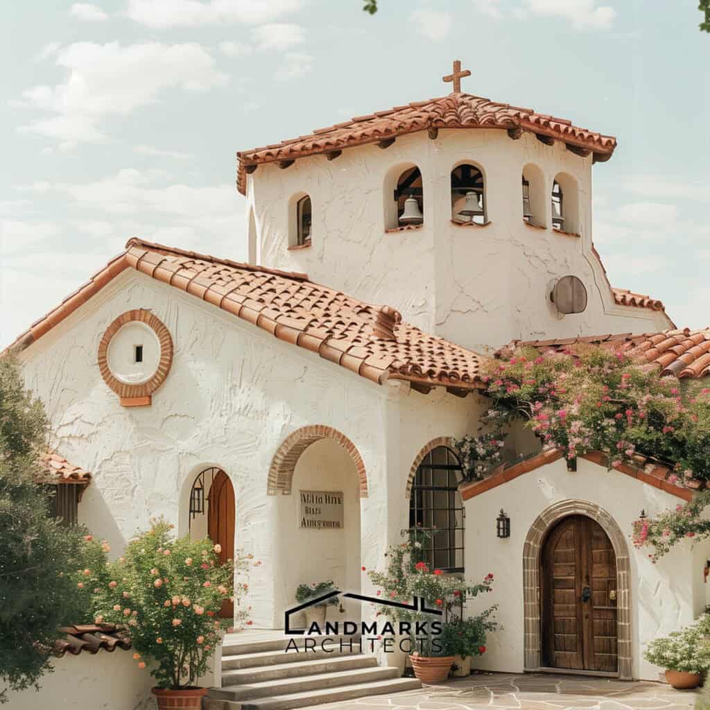 Mission Revival home with red clay roof and stucco. Photo generated by AI.