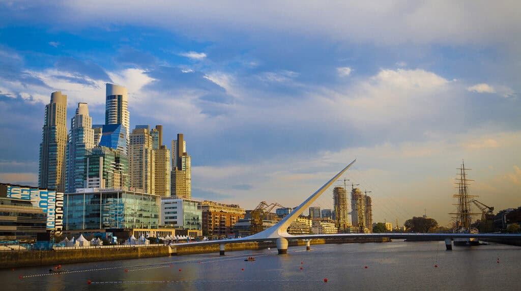 Puente de la Mujer with Buenos Aires skyline in the background