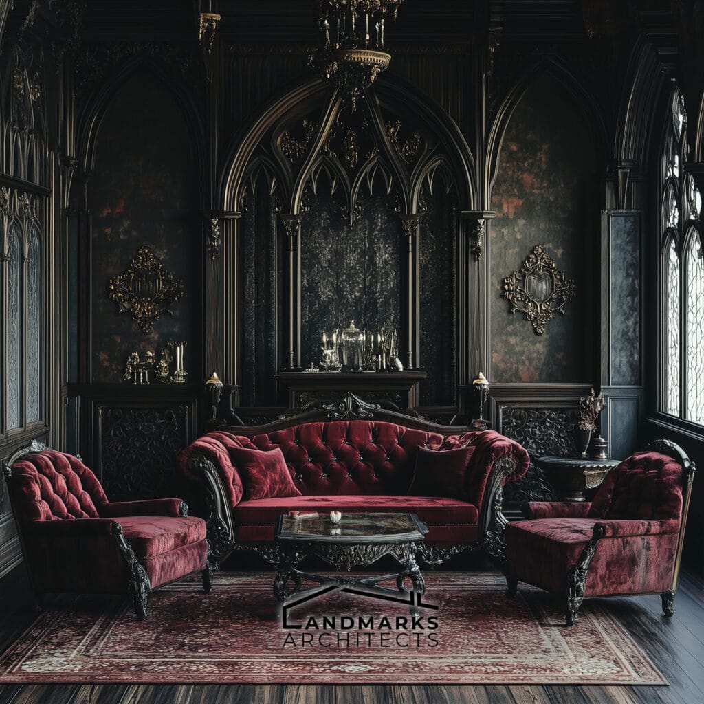 Modern Gothic Furniture: Dark Woods, Velvet, and Metals. Photo generated by AI