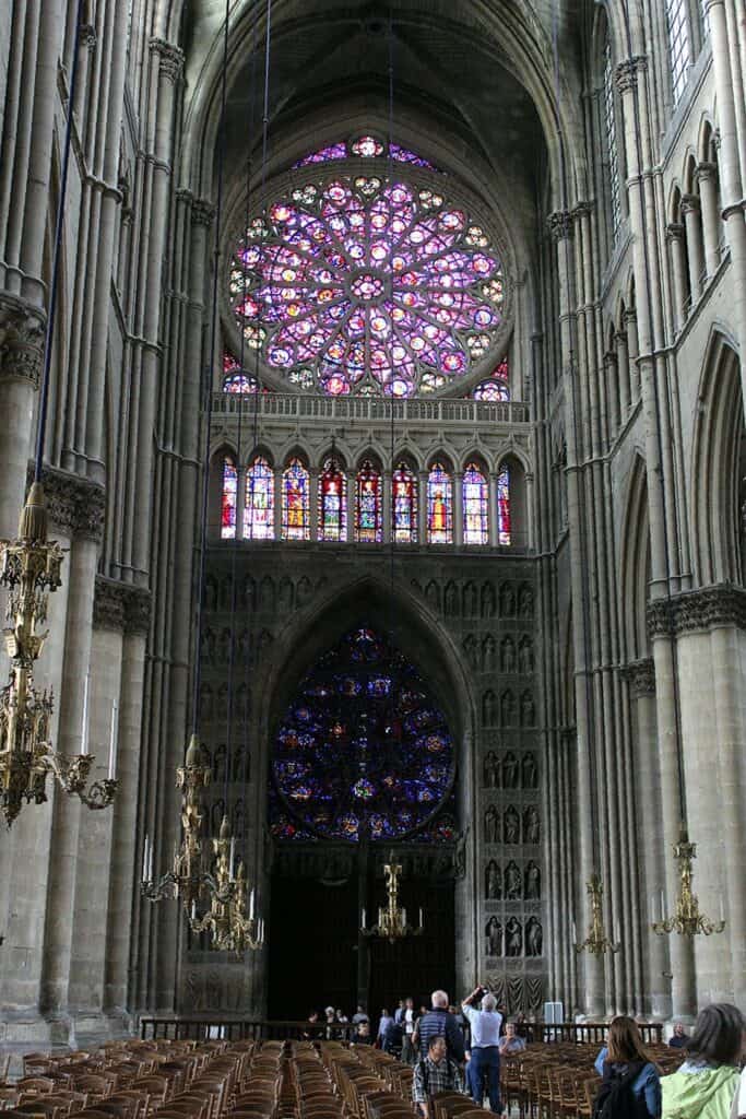 Stained glass windows inside Reims Cathedral, France.